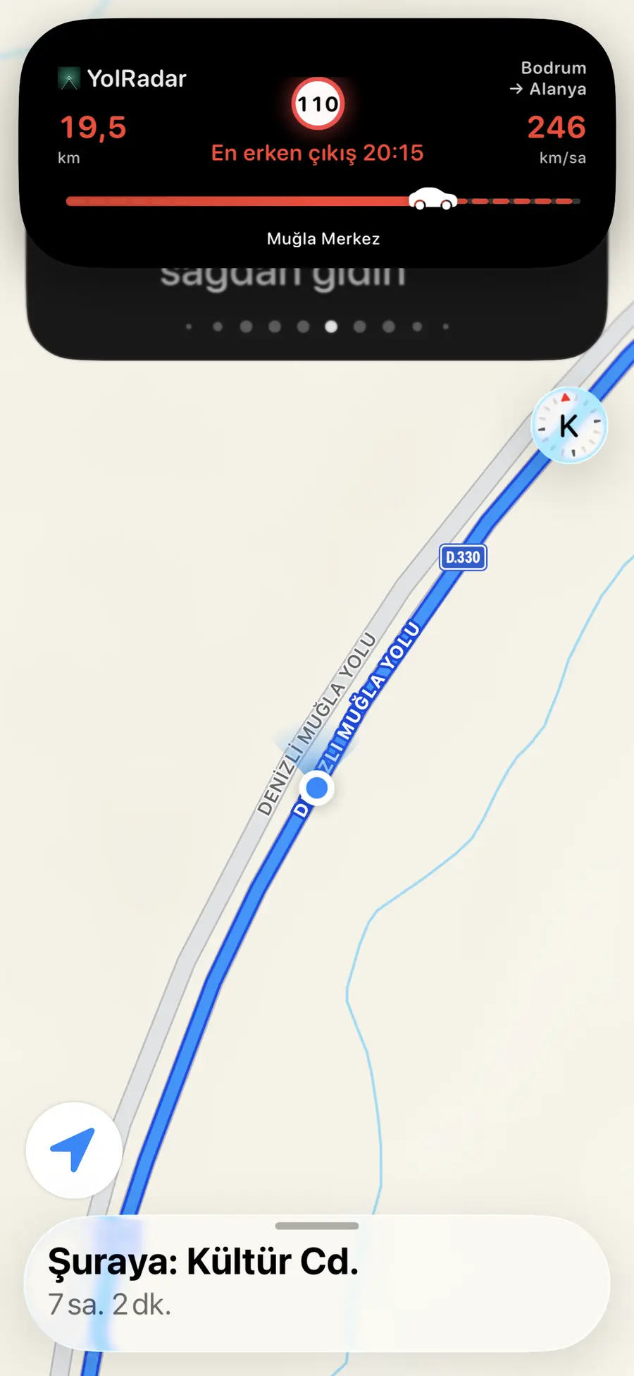 Aktif sürüş ekranı — radar bildirim