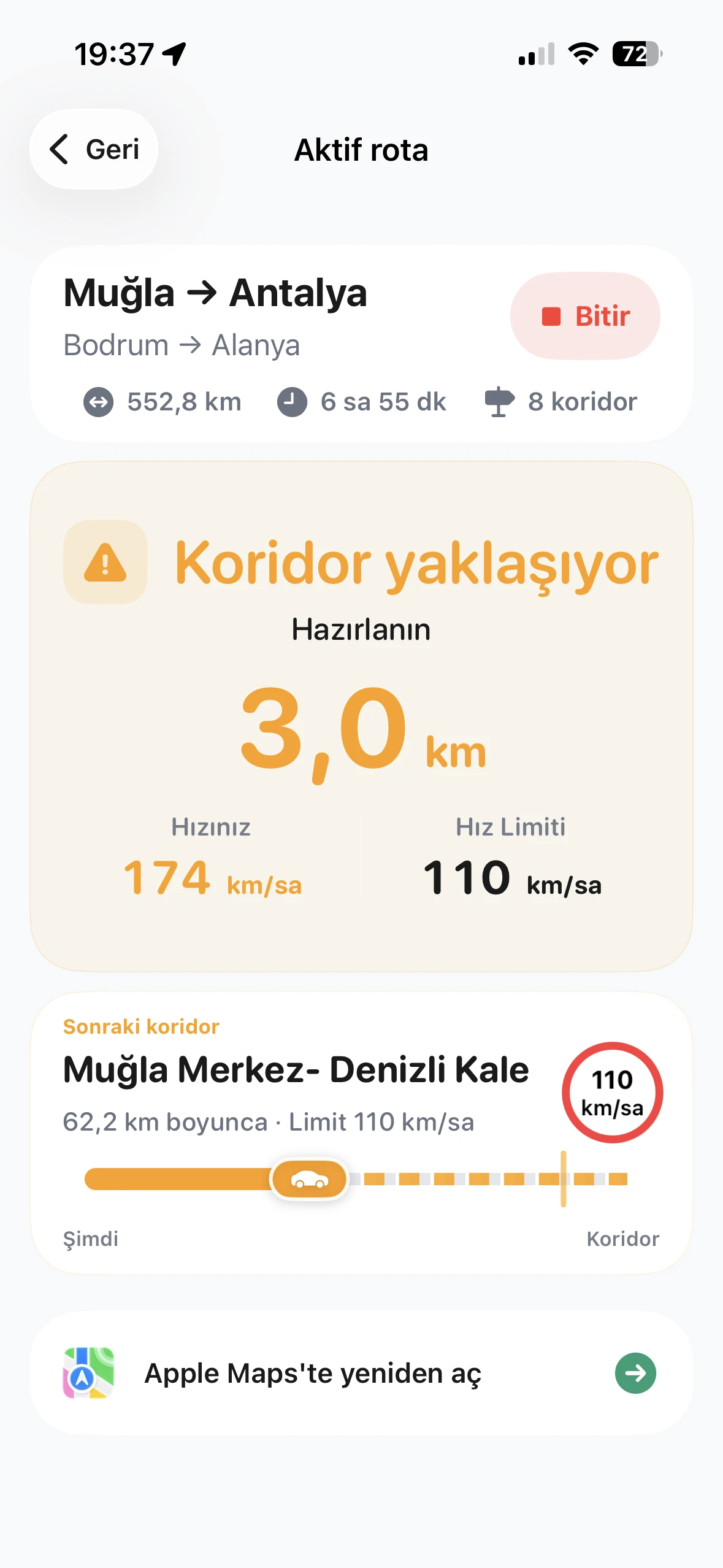 Hız koridoruna yaklaşırken uyarı ekranı