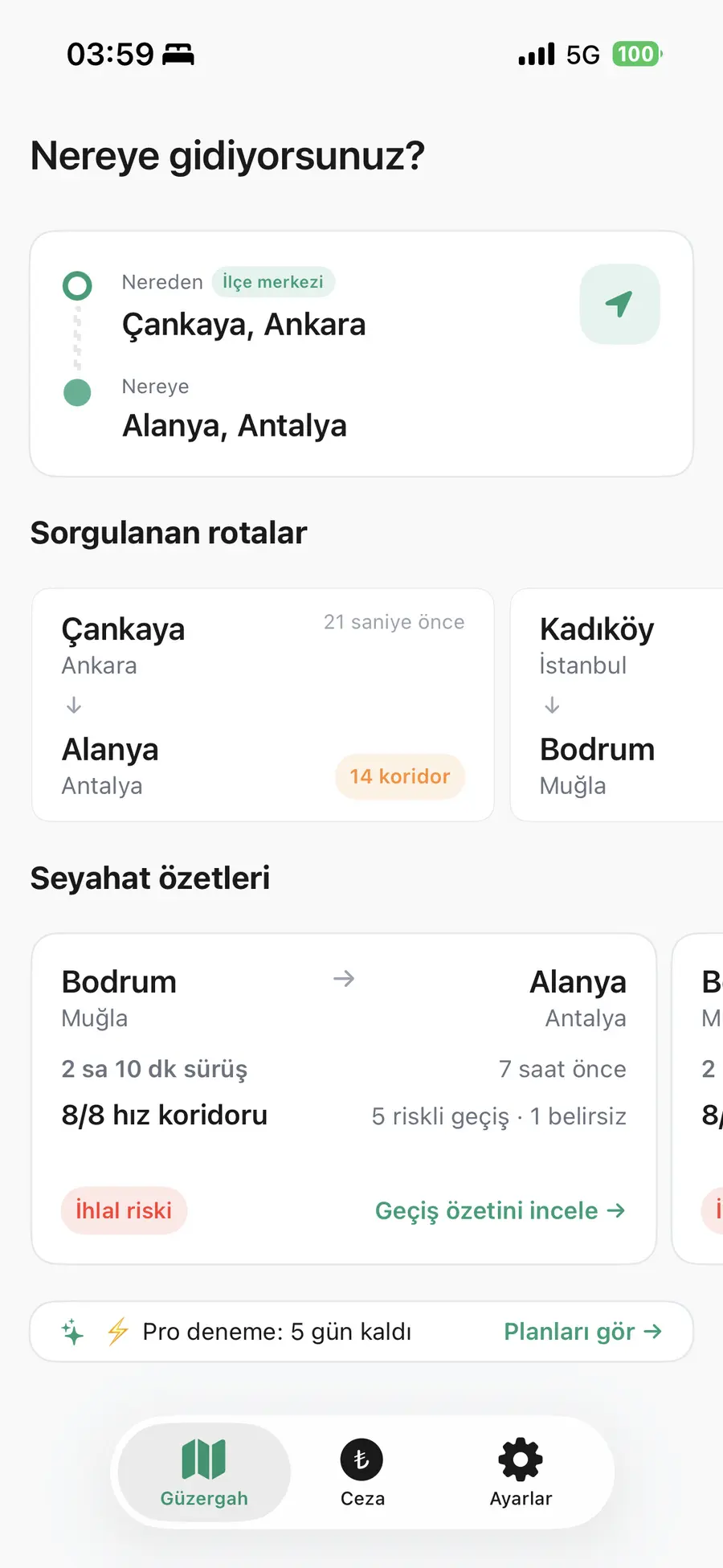 YolRadar ana ekranı — rota özeti